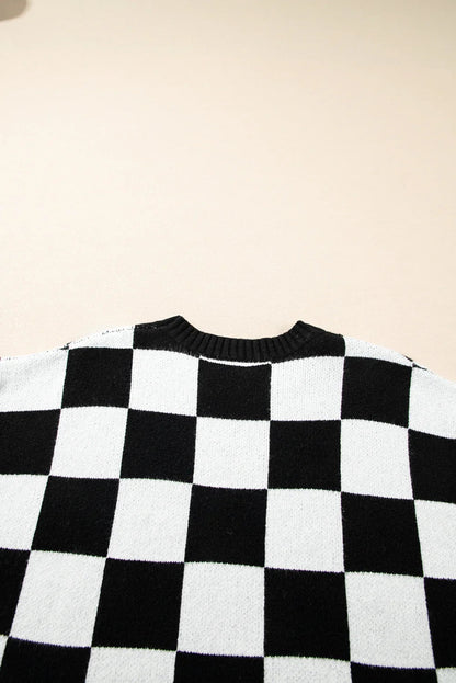 Light French Beige Checkered Knit Dolman Short Sleeve Sweater