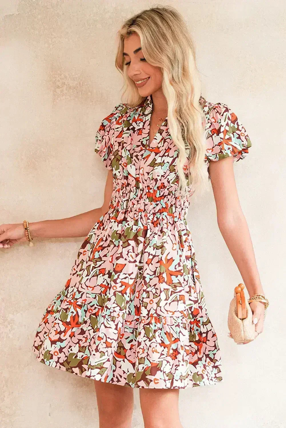 Pink Floral Print Puff Sleeve Shirred High Waist Mini Dress