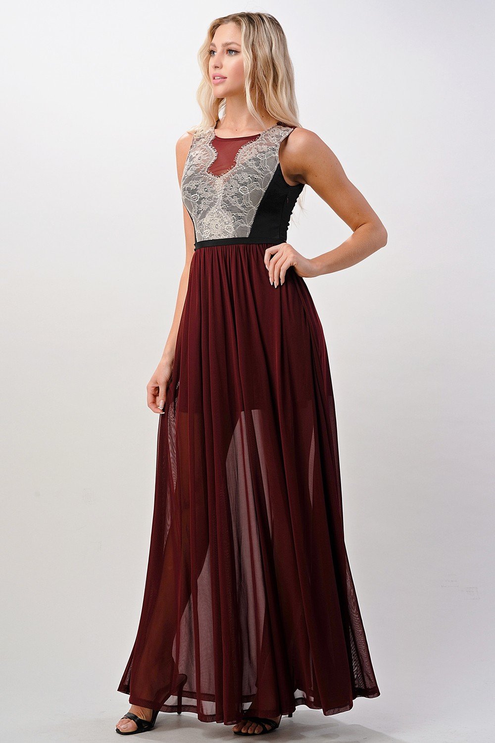 Elegant Sheer Maxi Dress with Lace Bodice and Flowing Skirt | Apparel | Kitchen + Metal