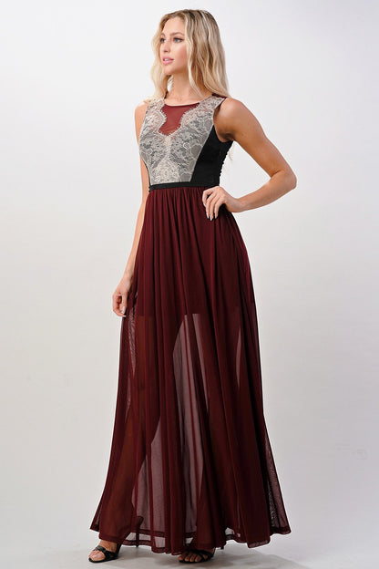 Elegant Sheer Maxi Dress with Lace Bodice and Flowing Skirt | Apparel | Kitchen + Metal
