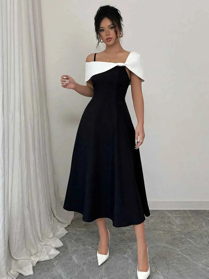 Asymmetrical Neck Contrast Midi Dress