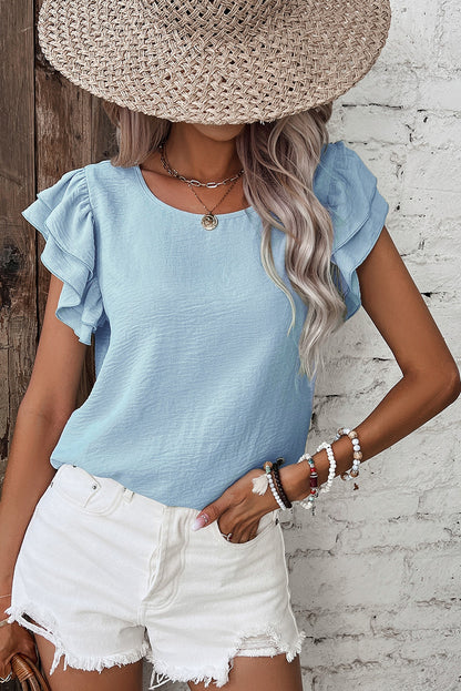 Aqua Ruffle Sleeve Blouse - Clearly Aqua Solid Color Crinkled Top