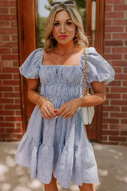 Sky Blue Stripe Bubble Sleeve Square Neck Ruched Pocket Babydoll Dress