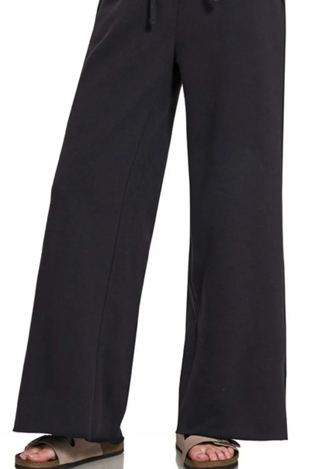 Zenana Fleece Exposed Seam Wide Leg Sweatpants in Black