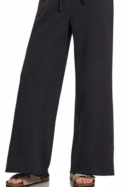 Zenana Fleece Exposed Seam Wide Leg Sweatpants in Black