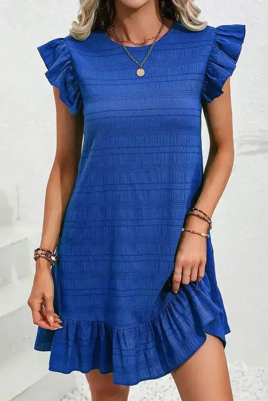 Dark Blue Textured Flutter Sleeve Ruffle Mini Dress
