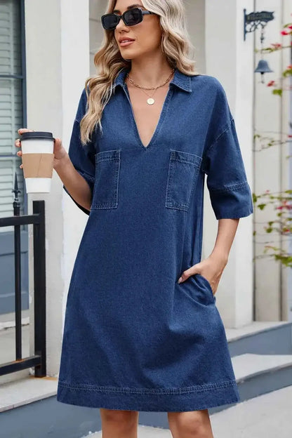 Johnny Collar Denim Dress - Half Sleeve Design