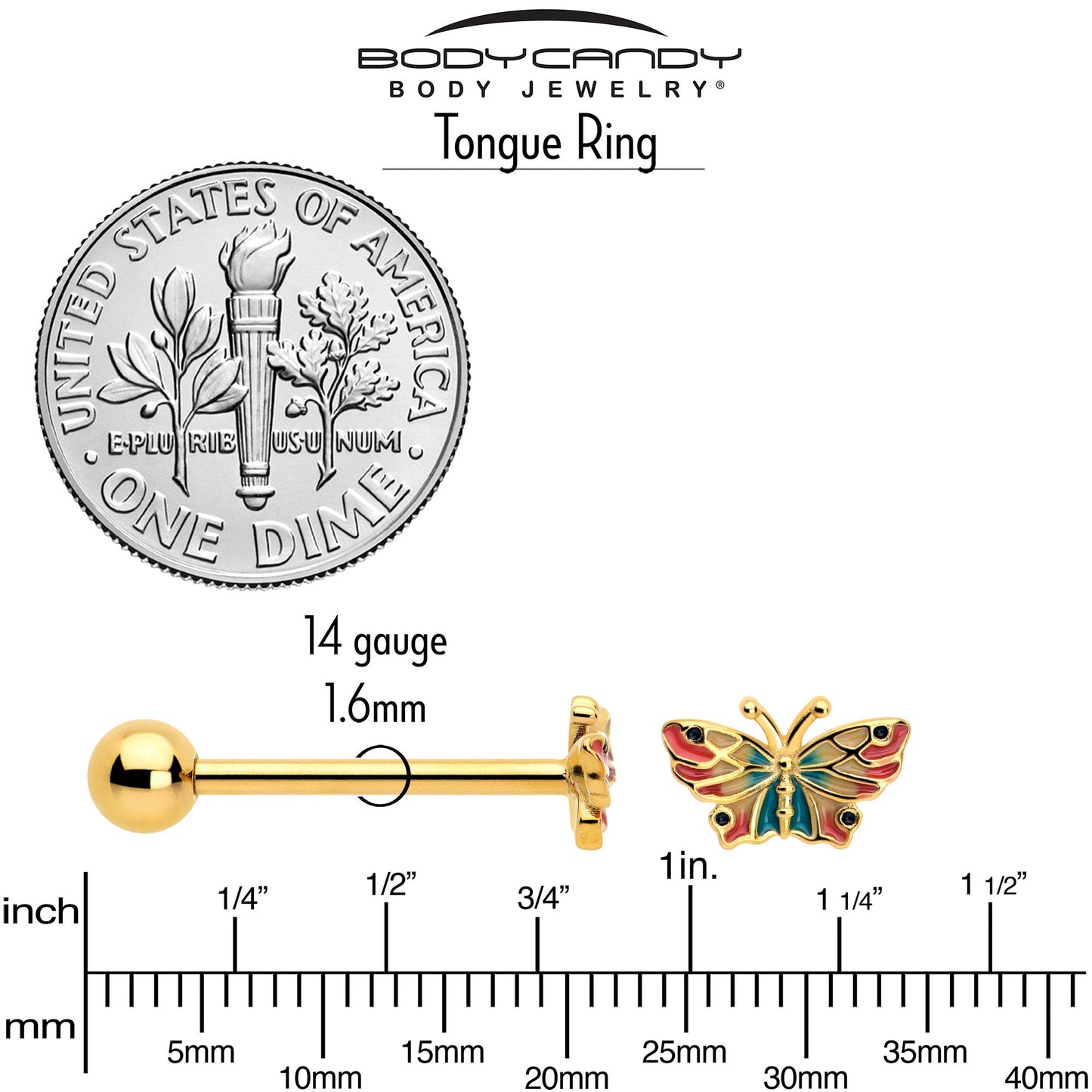 Gold Tone Sunrise Butterfly Barbell Tongue Ring