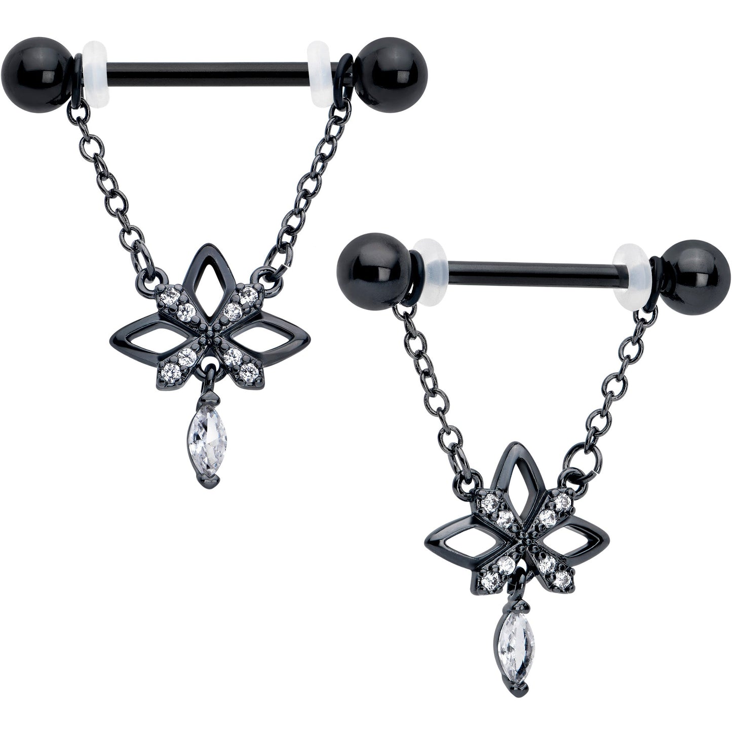 14G 9/16 Clear CZ Gem Black Gothic Star Dangle Nipple Ring Set