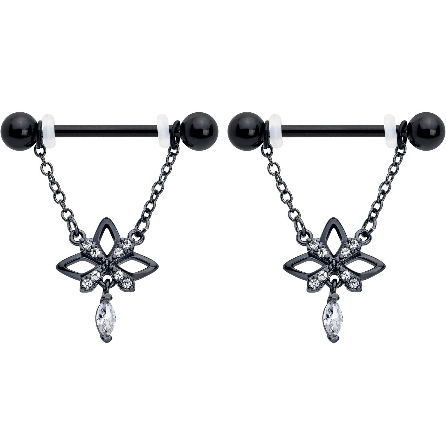 14G 9/16 Clear CZ Gem Black Gothic Star Dangle Nipple Ring Set