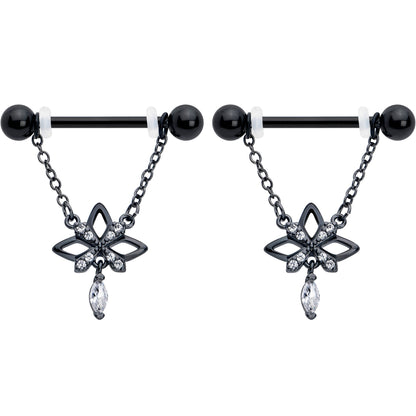 14G 9/16 Clear CZ Gem Black Gothic Star Dangle Nipple Ring Set