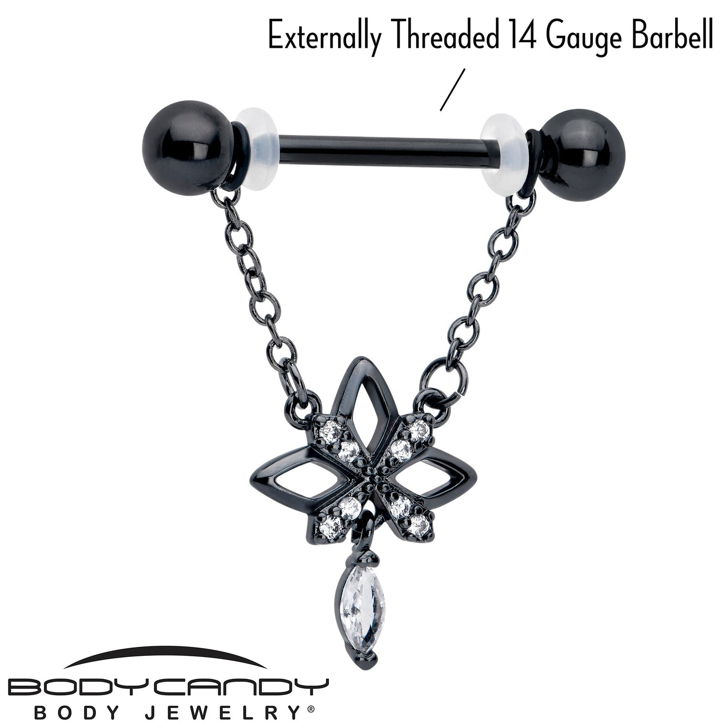 14G 9/16 Clear CZ Gem Black Gothic Star Dangle Nipple Ring Set