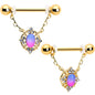 14G 9/16 Pink Tourmaline Gold Tone Wondrous Dangle Nipple Ring Set