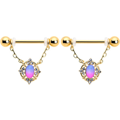 14G 9/16 Pink Tourmaline Gold Tone Wondrous Dangle Nipple Ring Set