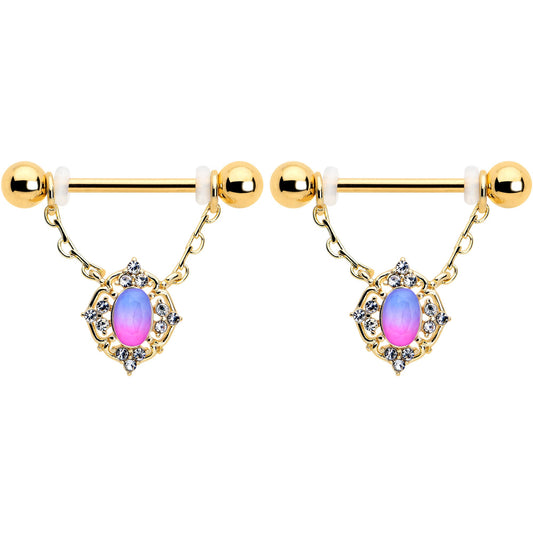 14G 9/16 Pink Tourmaline Gold Tone Wondrous Dangle Nipple Ring Set