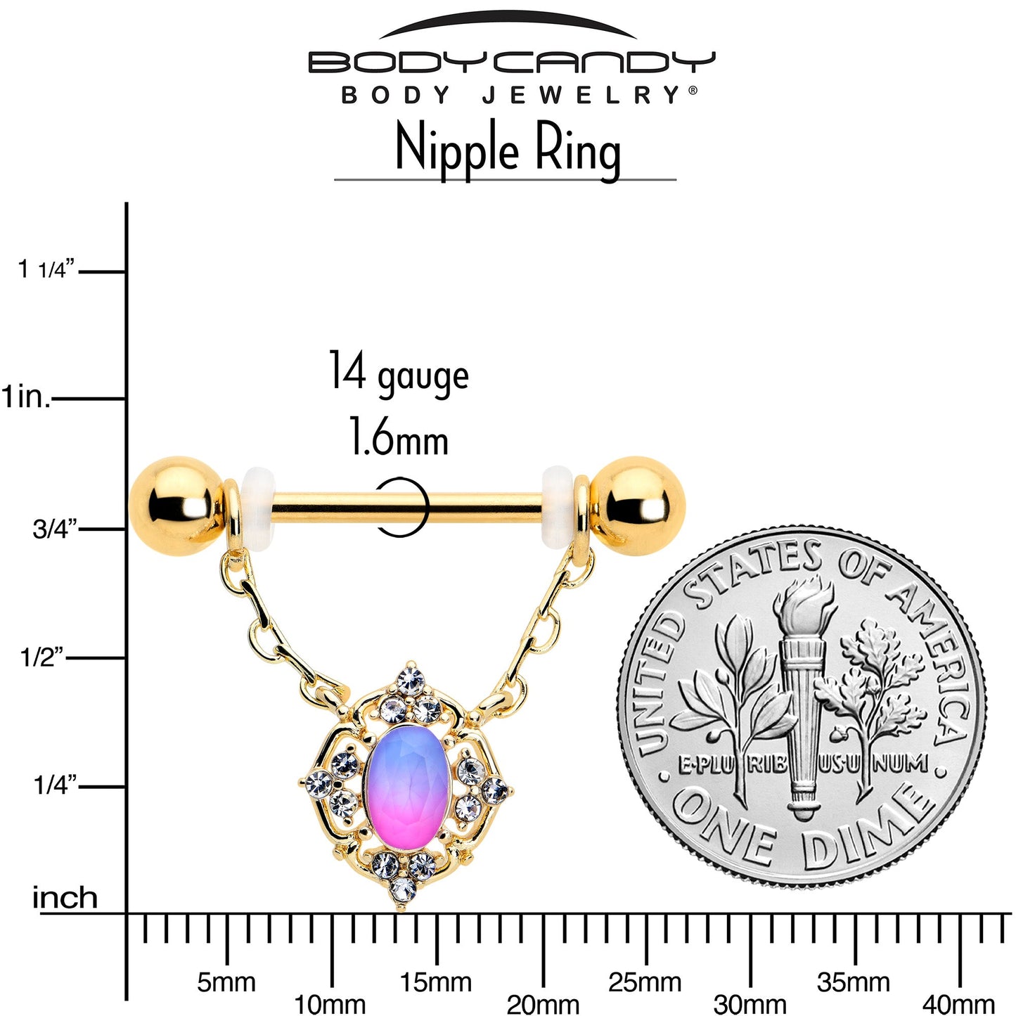 14G 9/16 Pink Tourmaline Gold Tone Wondrous Dangle Nipple Ring Set