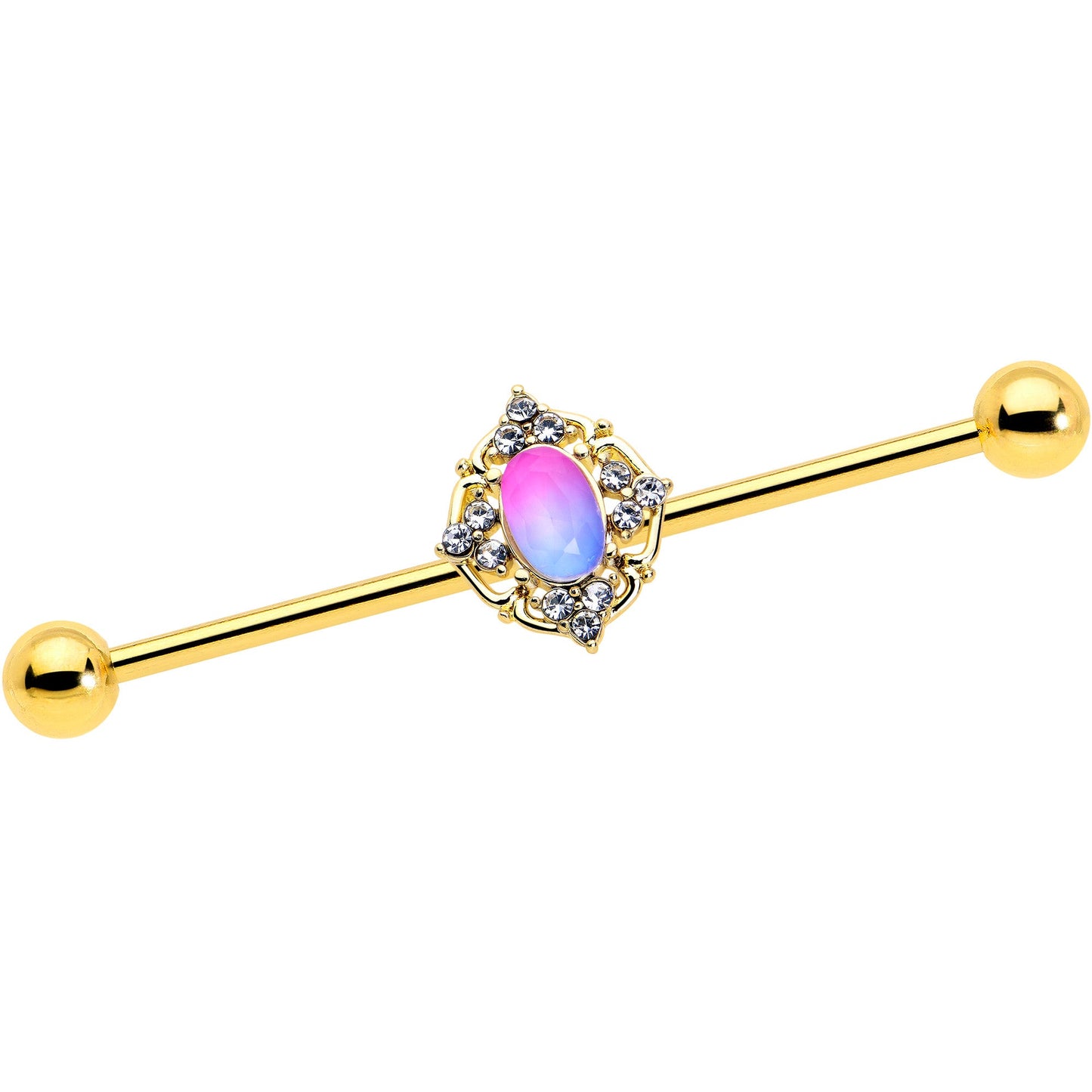 14G Pink Tourmaline Gold Tone Wondrous Industrial Barbell 38mm