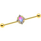 14G Pink Tourmaline Gold Tone Wondrous Industrial Barbell 38mm