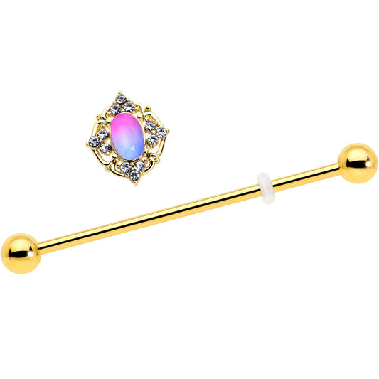 14G Pink Tourmaline Gold Tone Wondrous Industrial Barbell 38mm