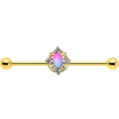 14G Pink Tourmaline Gold Tone Wondrous Industrial Barbell 38mm
