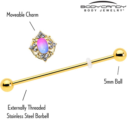 14G Pink Tourmaline Gold Tone Wondrous Industrial Barbell 38mm