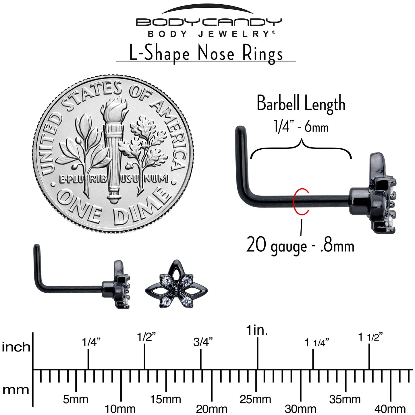 20G 7mm Clear CZ Gem Black Gothic Star L Shape Nose Ring