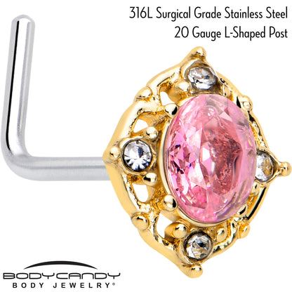 20G 7mm Pink Tourmaline Golden Wondrous Glamour L Shape Nose Ring
