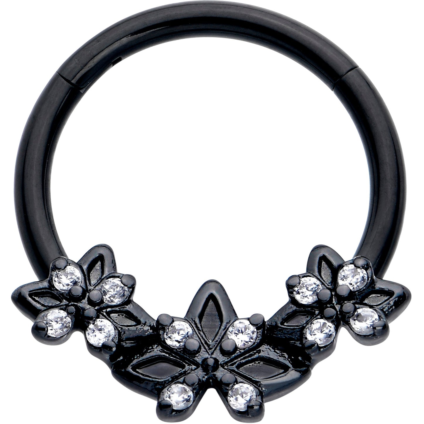 16G 3/8 Clear CZ Gem Black Gothic Star Trio Hinged Segment Ring