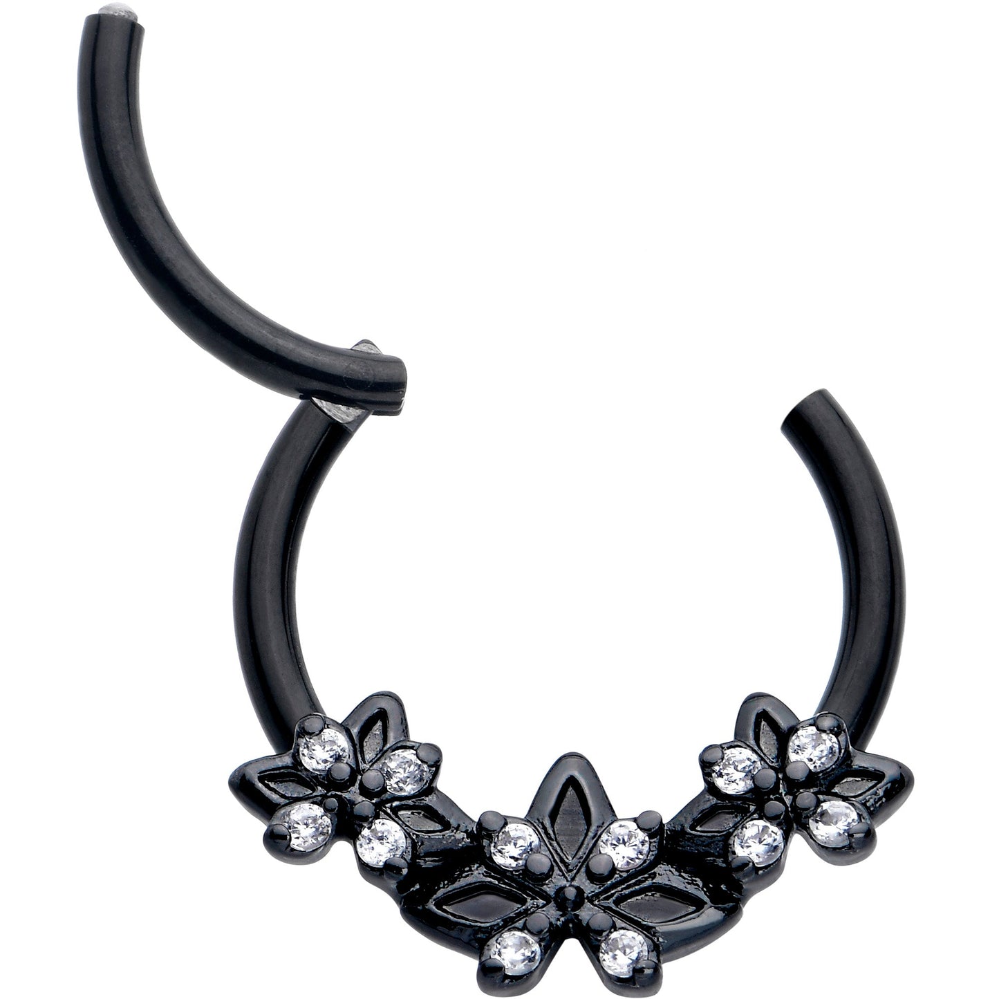 16G 3/8 Clear CZ Gem Black Gothic Star Trio Hinged Segment Ring