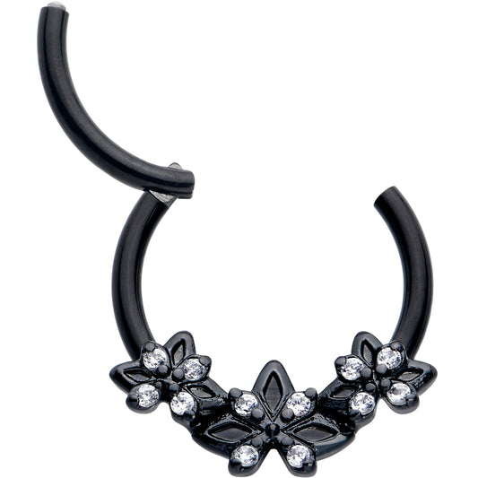 16G 3/8 Clear CZ Gem Black Gothic Star Trio Hinged Segment Ring