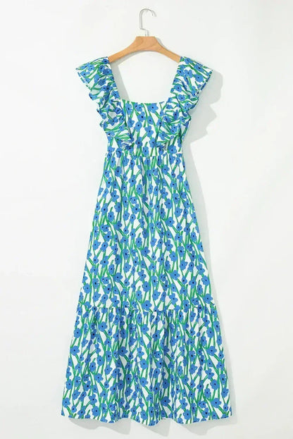 Pink Floral Print Square Neck Ruffled Strap Maxi Dress