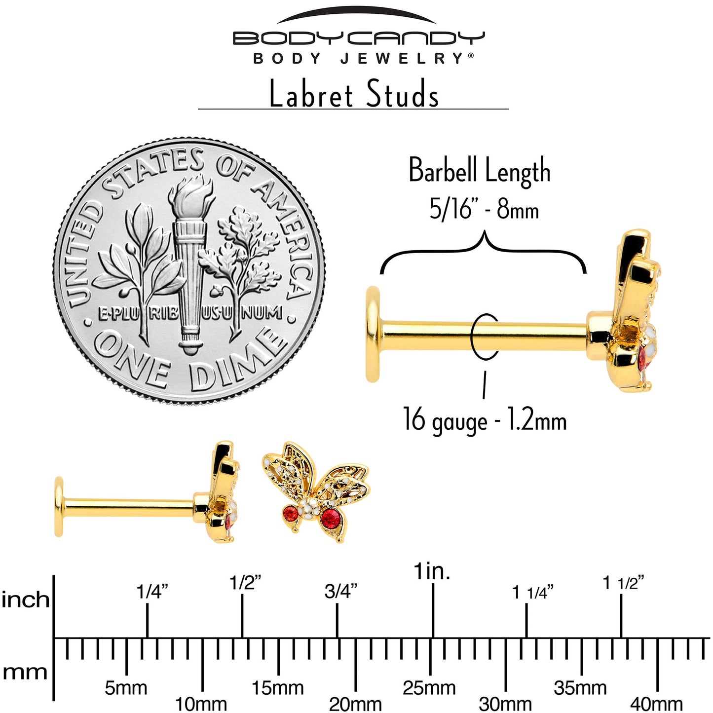 16G Red CZ Gem Gold Tone Drama Butterfly Flat Back Earring