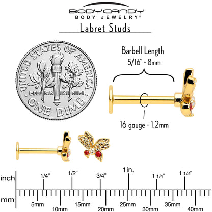 16G Red CZ Gem Gold Tone Drama Butterfly Flat Back Earring