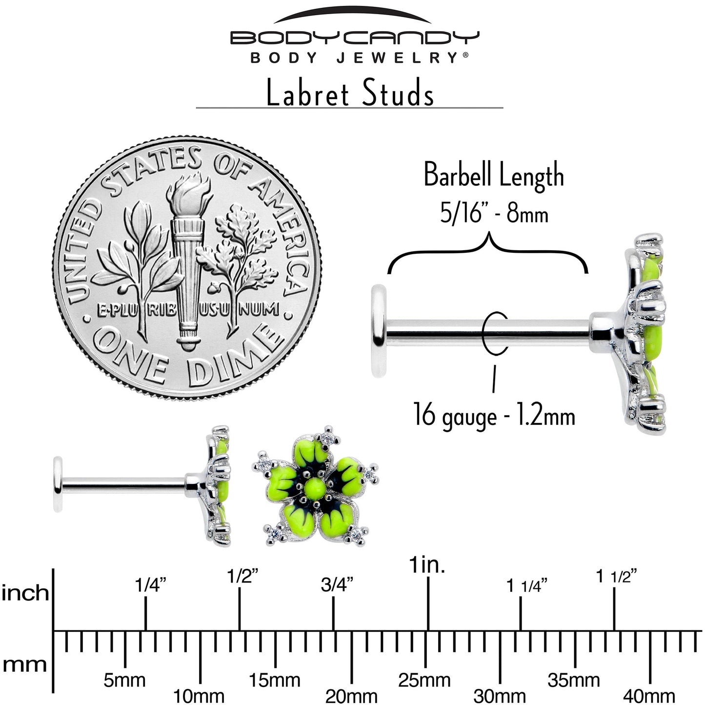 16G Clear CZ Gem Go Green Flower Flat Back Earring