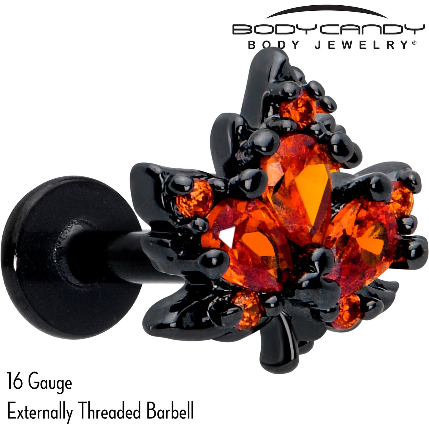16G Orange CZ Gem Black Autumn Leaf Flat Back Earring