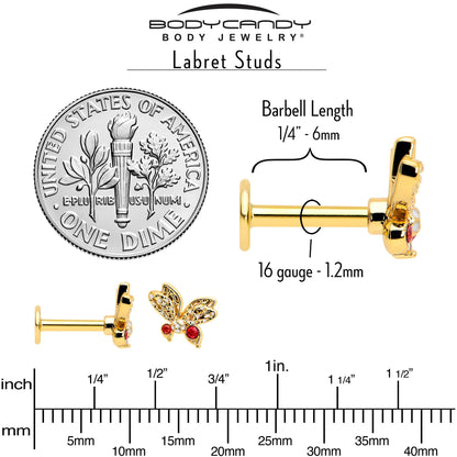 16G Red CZ Gem Gold Tone Drama Butterfly Flat Back Earring