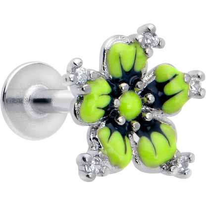 16G Clear CZ Gem Go Green Flower Flat Back Earring