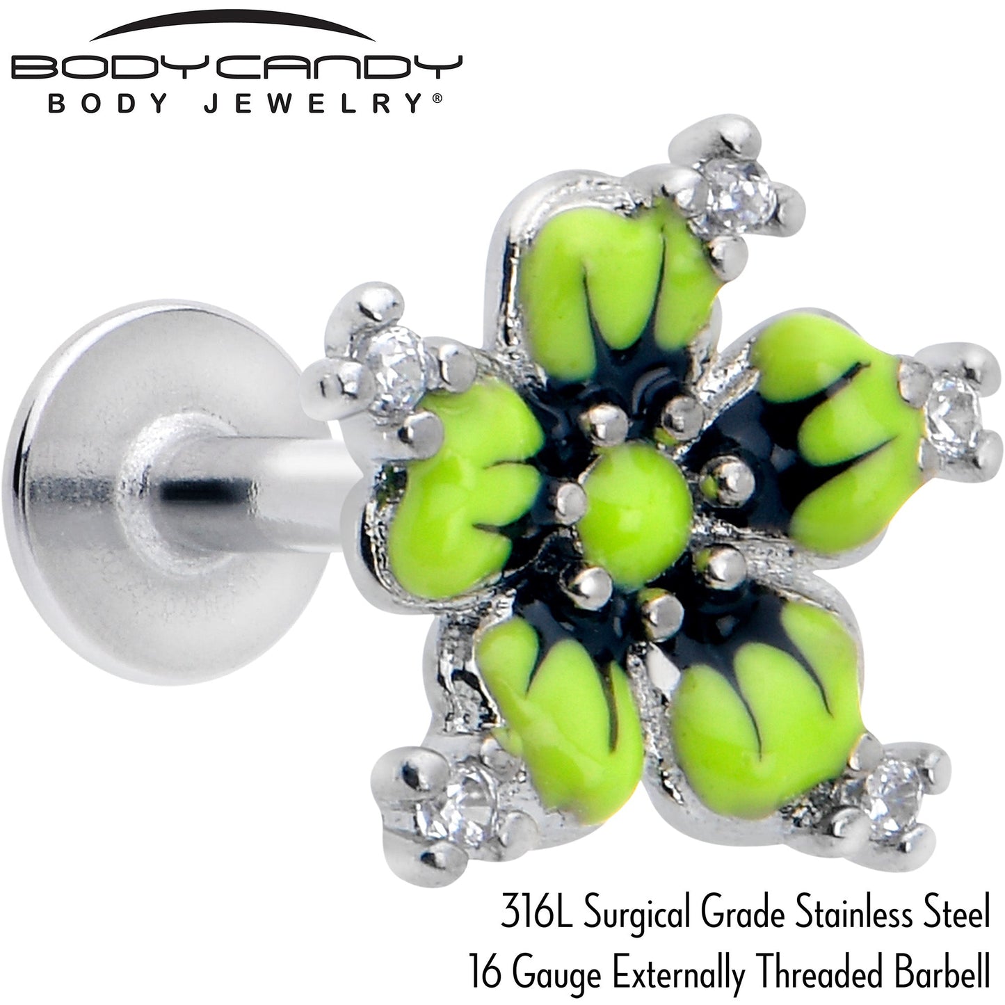 16G Clear CZ Gem Go Green Flower Flat Back Earring