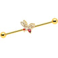 14G Red CZ Gem Gold Tone Drama Butterfly Industrial Barbell 38mm