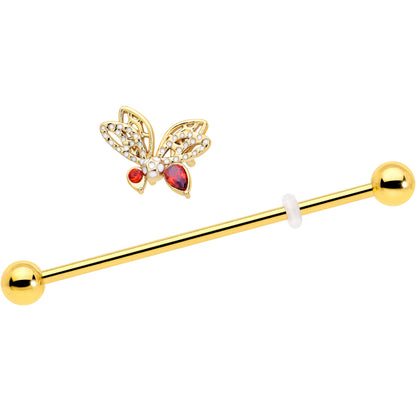 14G Red CZ Gem Gold Tone Drama Butterfly Industrial Barbell 38mm
