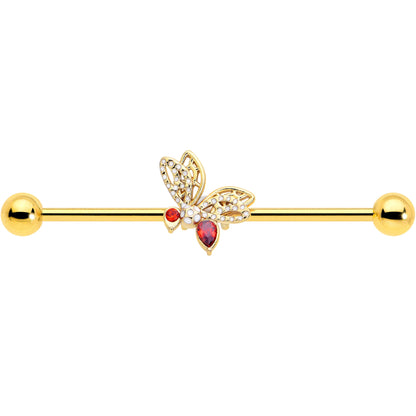 14G Red CZ Gem Gold Tone Drama Butterfly Industrial Barbell 38mm
