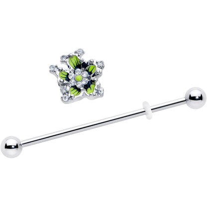 14G Clear CZ Gem Go Green Flower Industrial Barbell 38mm