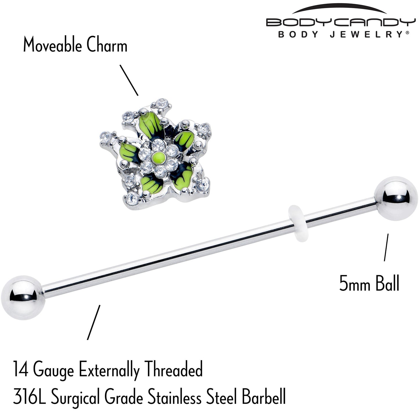 14G Clear CZ Gem Go Green Flower Industrial Barbell 38mm