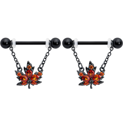 14G 9/16 Orange CZ Gem Black Autumn Leaf Dangle Nipple Ring Set