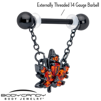 14G 9/16 Orange CZ Gem Black Autumn Leaf Dangle Nipple Ring Set
