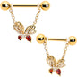 14G 9/16 Red CZ Gem Gold Tone Drama Butterfly Dangle Nipple Ring Set