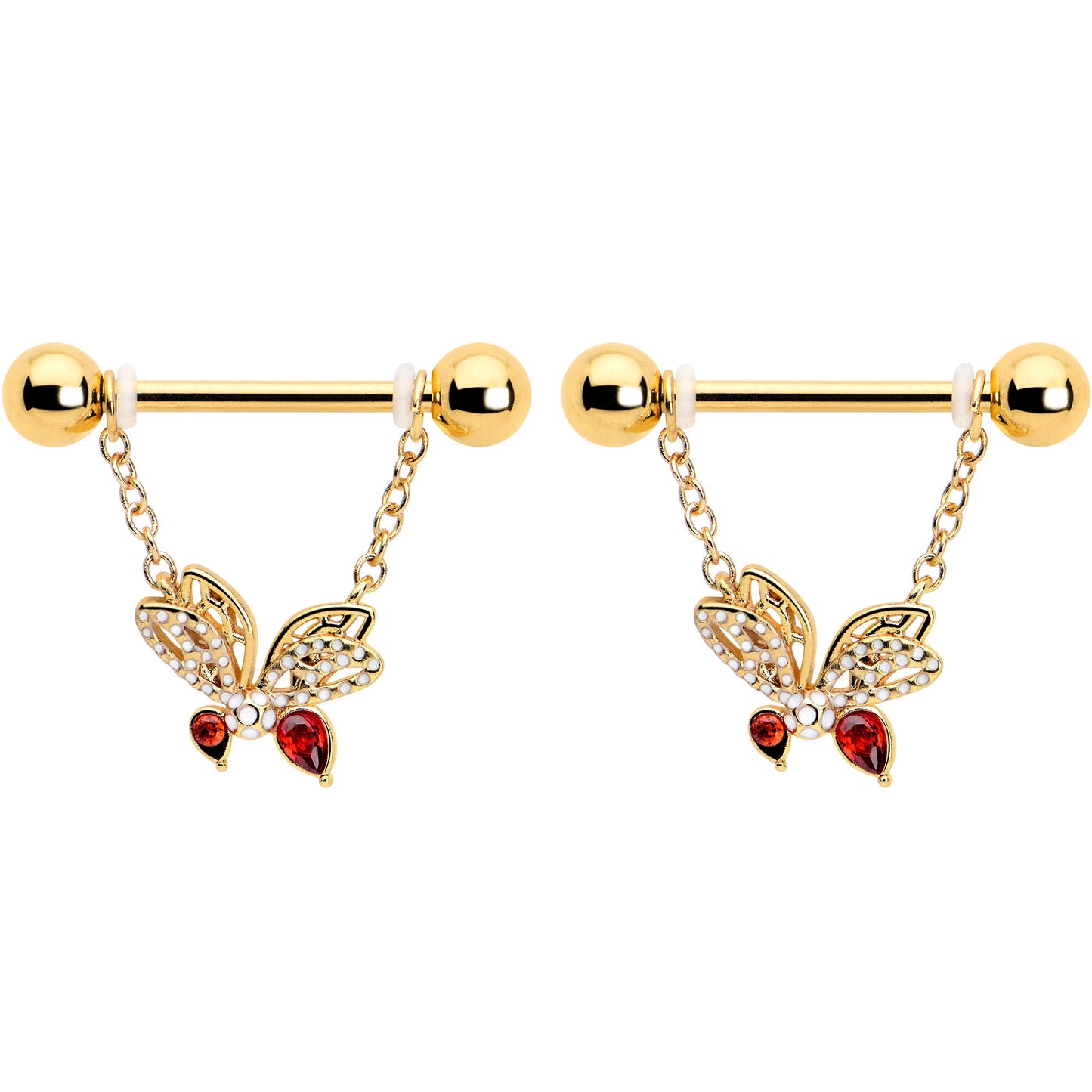 14G 9/16 Red CZ Gem Gold Tone Drama Butterfly Dangle Nipple Ring Set