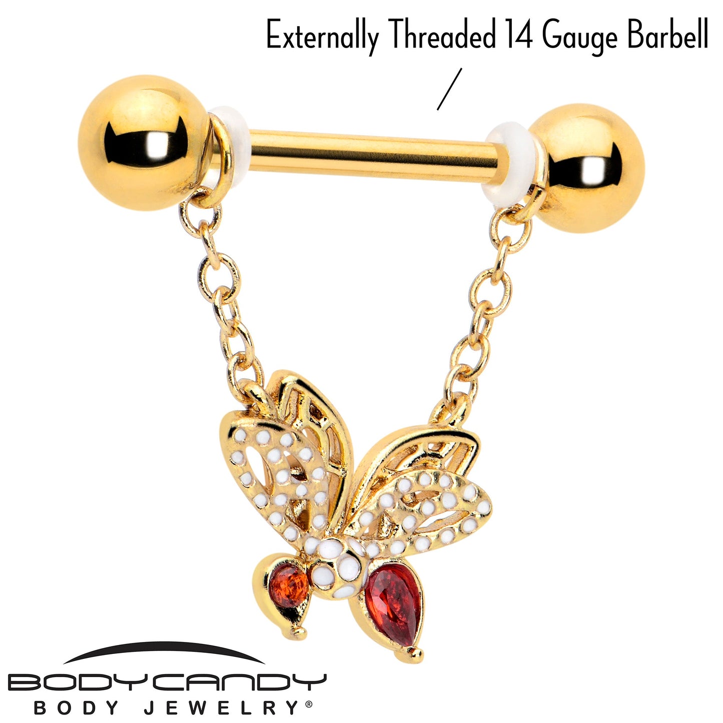 14G 9/16 Red CZ Gem Gold Tone Drama Butterfly Dangle Nipple Ring Set