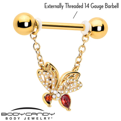 14G 9/16 Red CZ Gem Gold Tone Drama Butterfly Dangle Nipple Ring Set