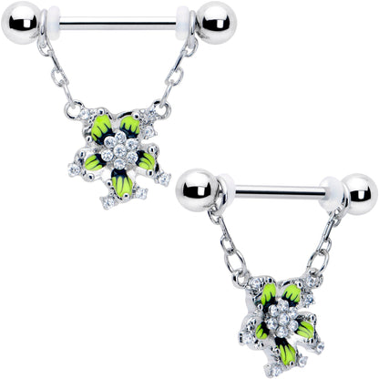 14G 9/16 Clear CZ Gem Go Green Flower Chain Dangle Nipple Ring Set